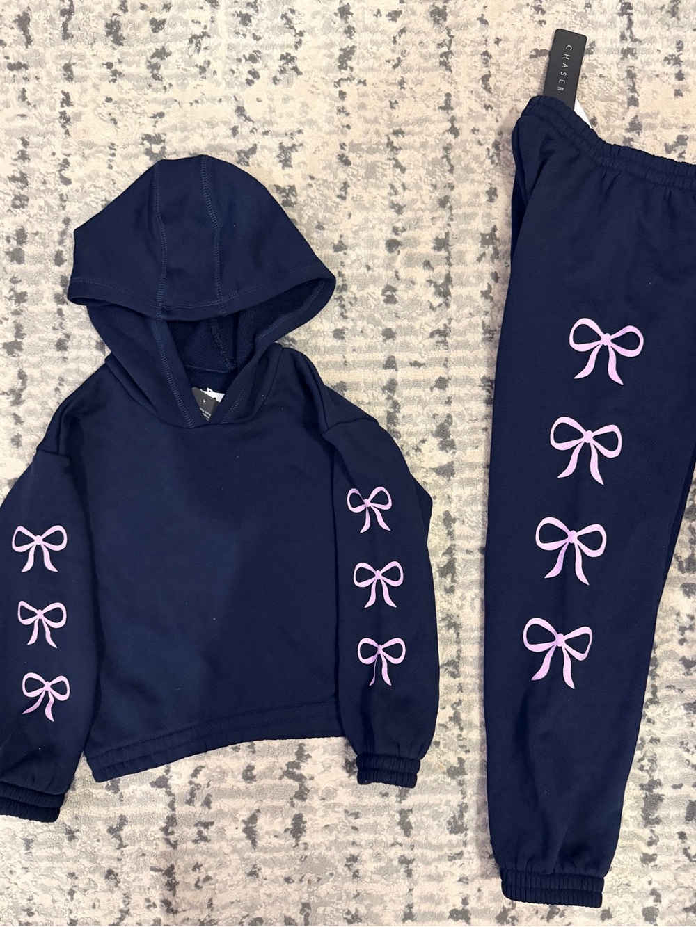Chaser Kids Navy Jogger Set with Pink Bow Accents